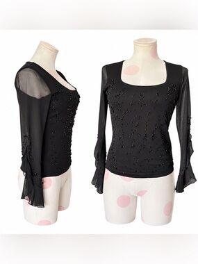 Y2K Beaded Mesh statement Sleeve Top – cello Argentina - Black – S